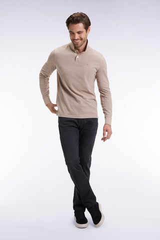 Long-sleeved polo shirt in beige mottled cotton, straight cut
