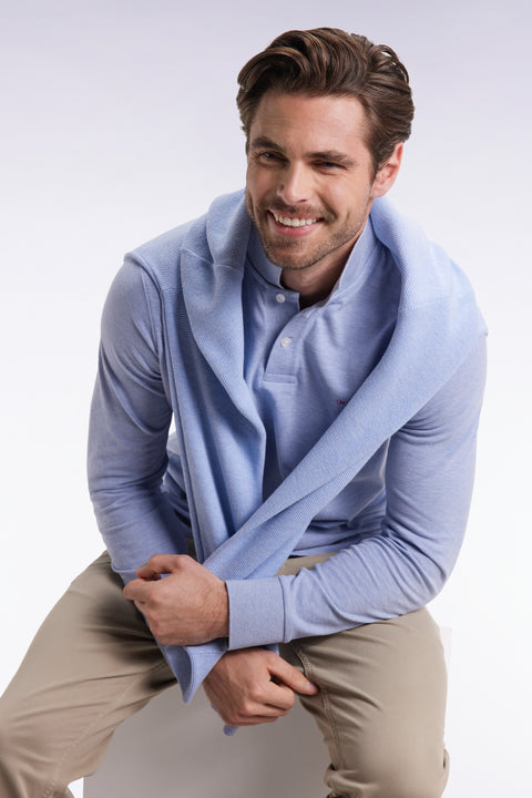 Long-sleeved polo shirt in sky-blue mottled cotton, straight cut - Image 1