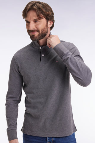 Long-sleeved polo shirt in grey mottled cotton, straight cut