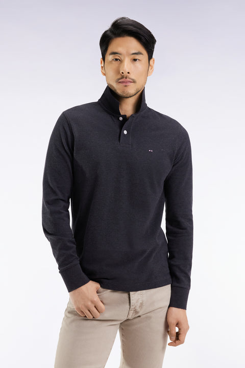 Long-sleeved polo shirt in dark grey mottled cotton, straight cut - Image 3