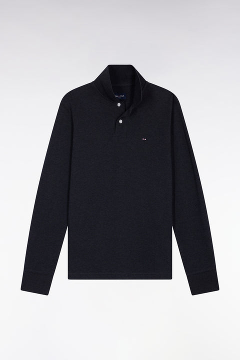 Long-sleeved polo shirt in dark grey mottled cotton, straight cut - Image 2