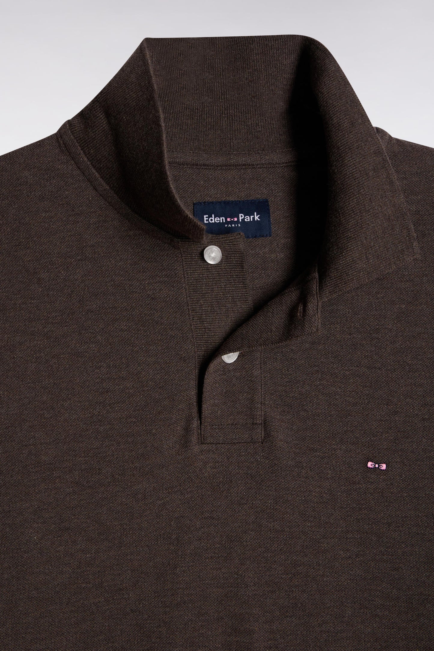 Polo à manches longues en coton chiné marron coupe droite