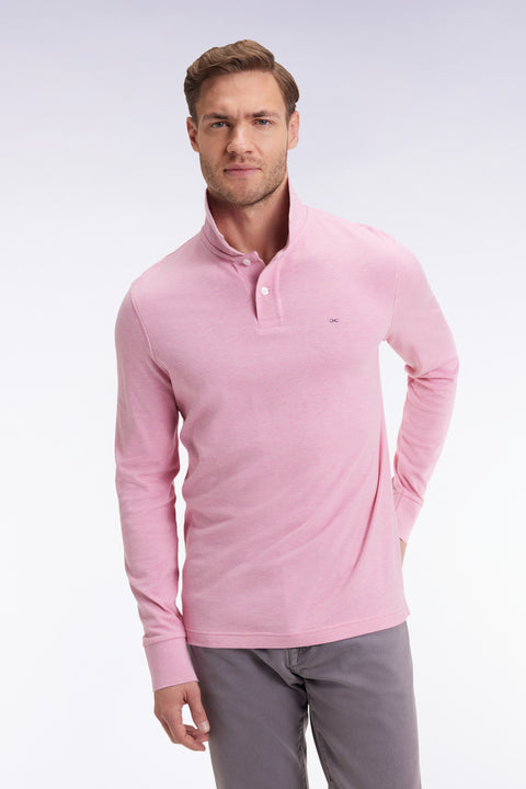 Long-sleeved polo shirt in pink mottled cotton, straight cut - Image 3