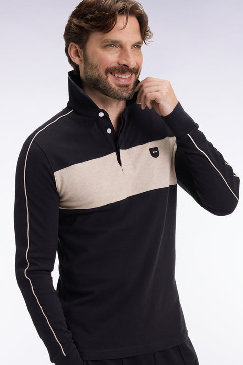 Three-tone long-sleeved polo shirt in black stretch cotton, slim fit - Image 1
