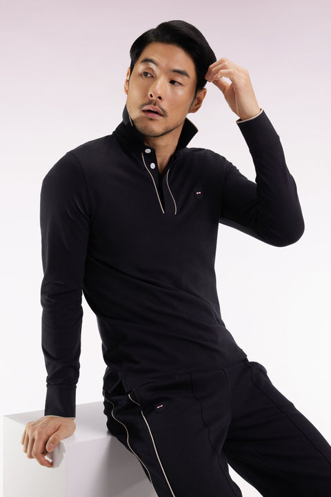 Long-sleeved polo shirt in black stretch cotton with piping, slim fit - Image 1