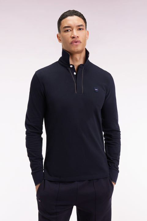 Long-sleeved polo shirt in navy stretch cotton with piping, slim fit - Image 3