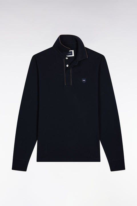 Long-sleeved polo shirt in navy stretch cotton with piping, slim fit - Image 2