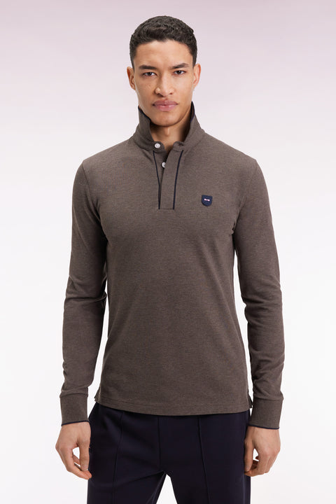 Long-sleeved polo shirt in brown stretch cotton with piping, slim fit - Image 3
