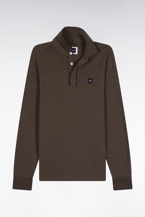 Long-sleeved polo shirt in brown stretch cotton with piping, slim fit - Image 2