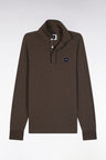 Long-sleeved polo shirt in brown stretch cotton with piping, slim fit