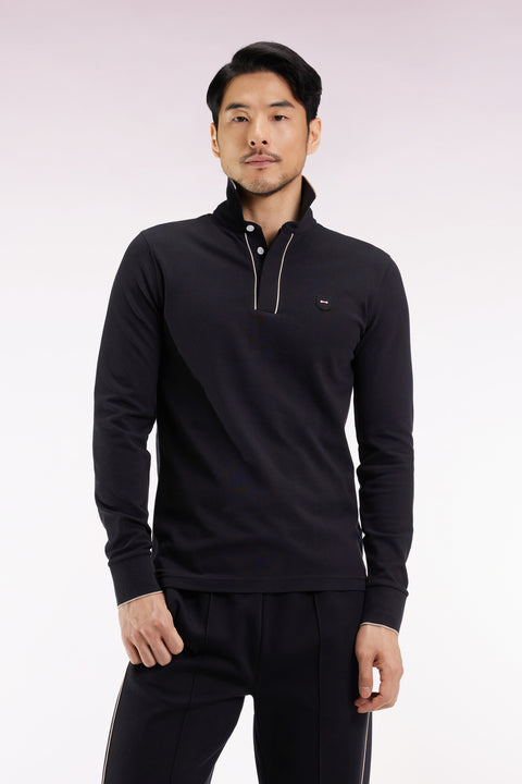 Long-sleeved polo shirt in black stretch cotton with piping, slim fit - Image 3
