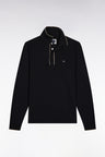 Long-sleeved polo shirt in black stretch cotton with piping, slim fit