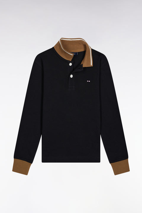 Long-sleeved polo shirt in black cotton piqué with camel trim - Image 1
