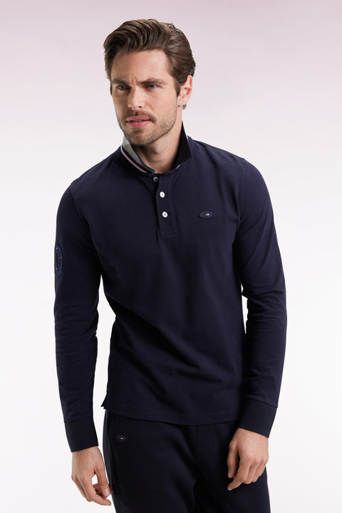 Polo à manches longues en coton marine brodé coupe droite - Image 3