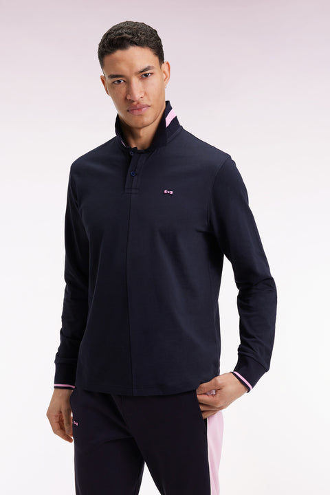 Polo à manches longues en piqué coton marine liserés roses coupe Relaxed - Image 3