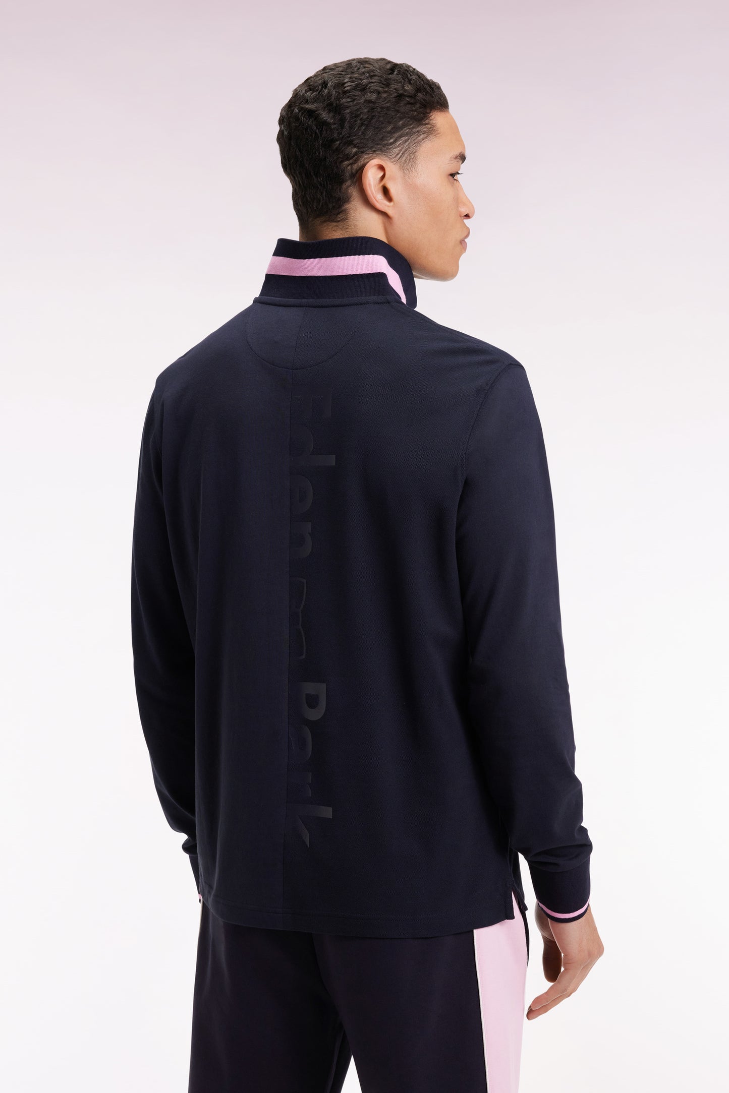 Long-sleeved polo shirt in navy cotton piqué with pink piping Relaxed fit