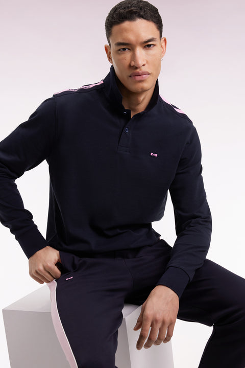 Polo à manches longues en piqué coton marine galon rose siglé - Image 1