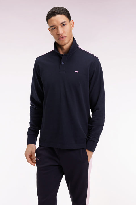 Polo à manches longues en piqué coton marine galon rose siglé - Image 3