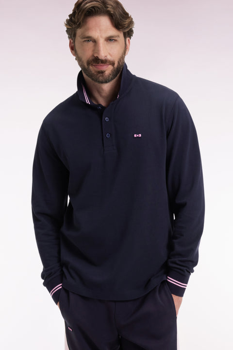 Polo à manches longues en piqué coton marine dessous de col rayé - Image 1