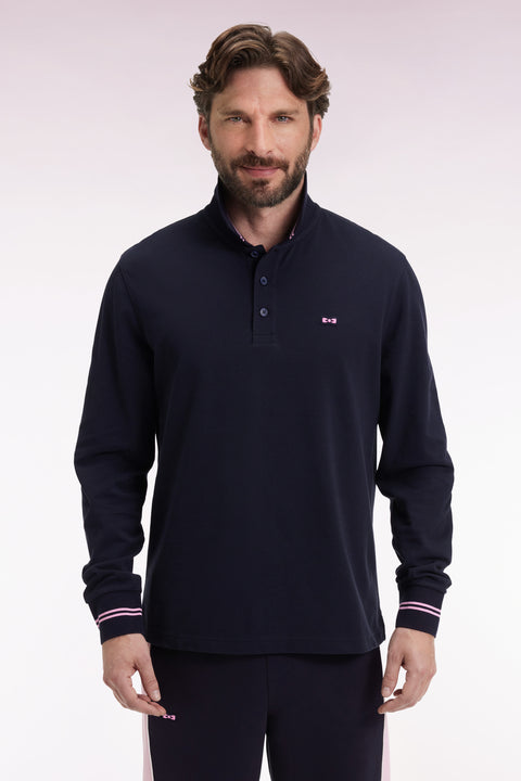 Polo à manches longues en piqué coton marine dessous de col rayé - Image 3