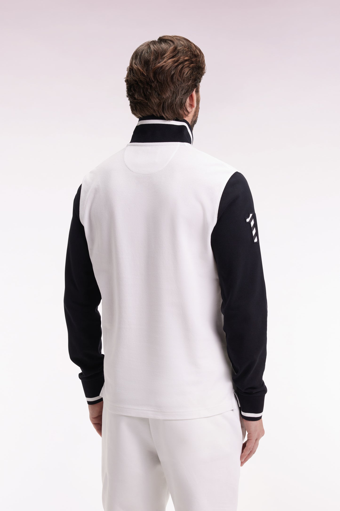 Polo à manches longues en piqué coton bicolore blanc broderie 10