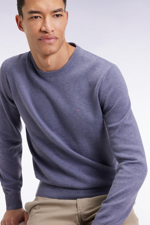 Pull col rond en laine et coton bleu - Image 1