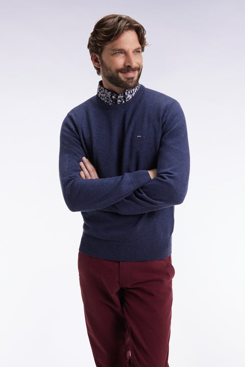 Pull col rond en laine et coton bleu foncé - Image 1