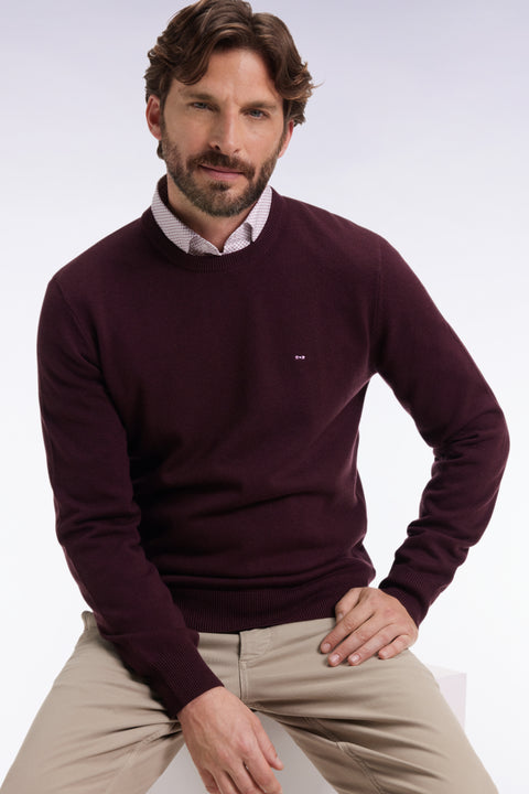 Pull col rond en laine et coton bordeaux - Image 1