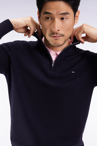 Pull col camionneur en laine et coton bleu foncé