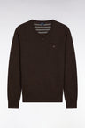 Pull col V en laine et coton marron foncé