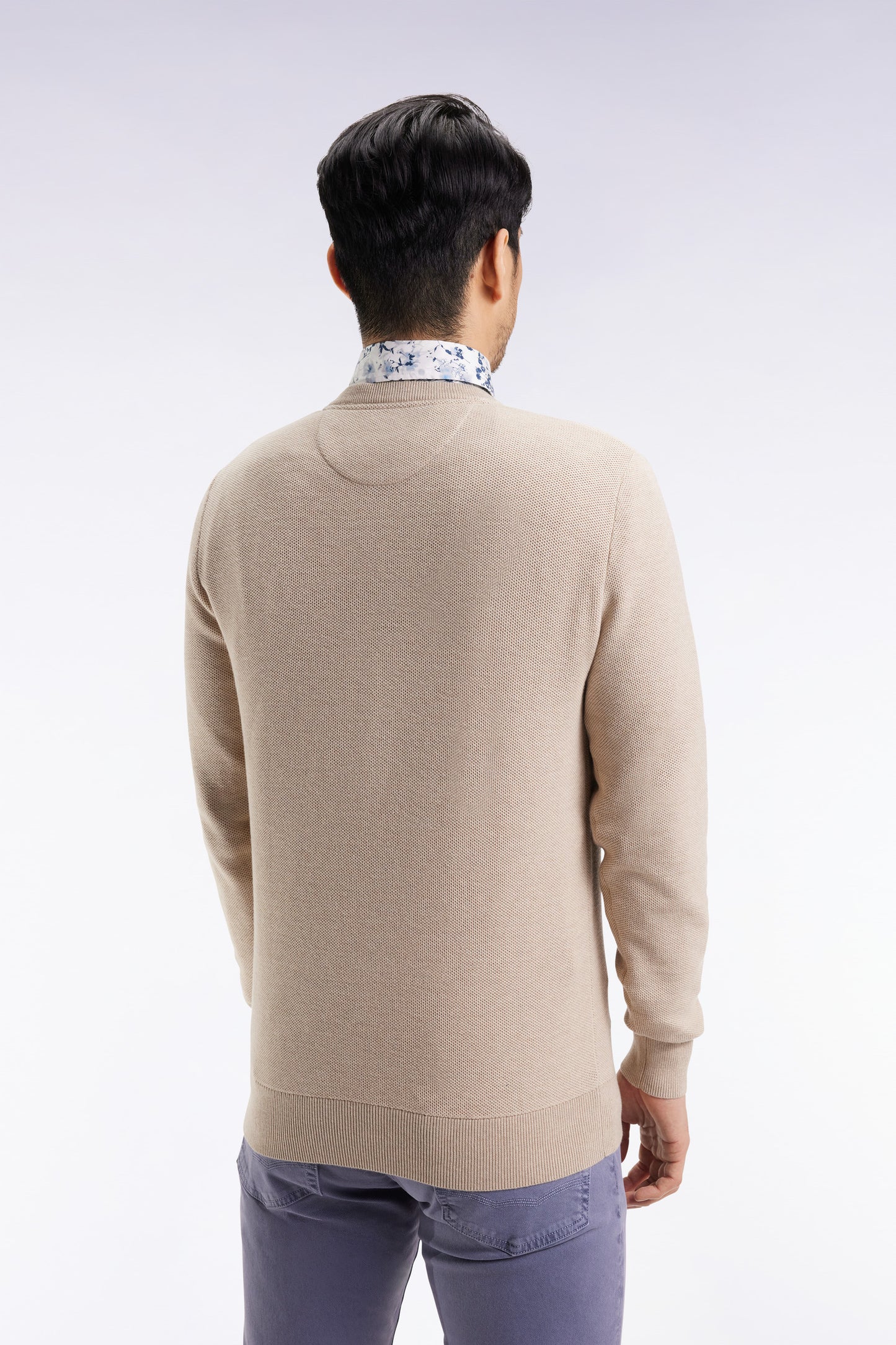 Round-neck sweater in beige cotton honeycomb
