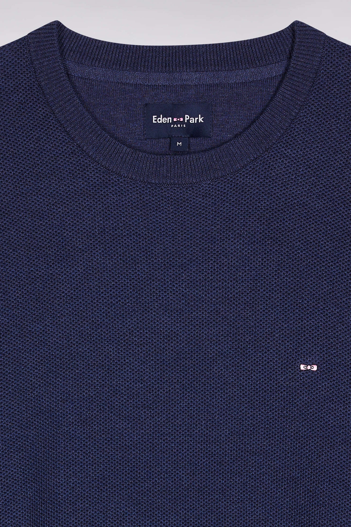 Round-neck sweater in navy cotton honeycomb