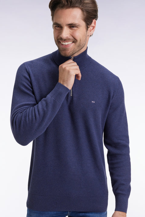 Pull col camionneur en coton nid d'abeille marine - Image 1