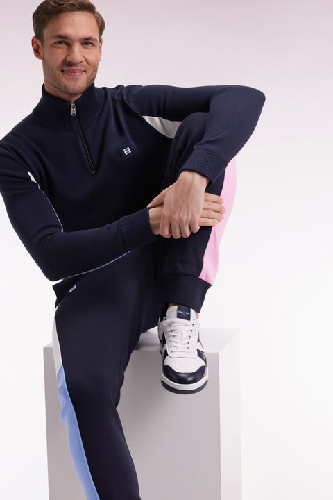 Pull col camionneur en coton noir à manches contrastées grises - Image 1