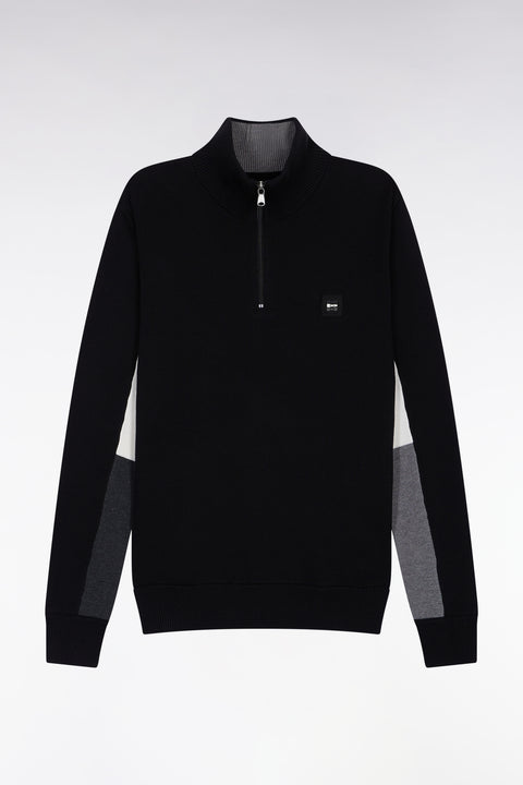 Truck-neck sweater in black cotton with three-tone contrasting sleeves - Image 2