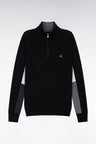 Truck-neck sweater in black cotton with three-tone contrasting sleeves