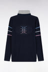 Navy cotton jersey-neck sweater with embroidered back