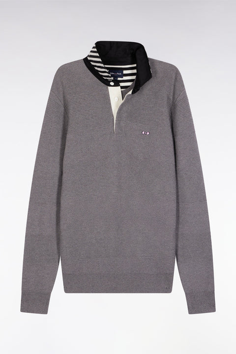 Grey cotton jersey-neck sweater with stripe effect - Image 2