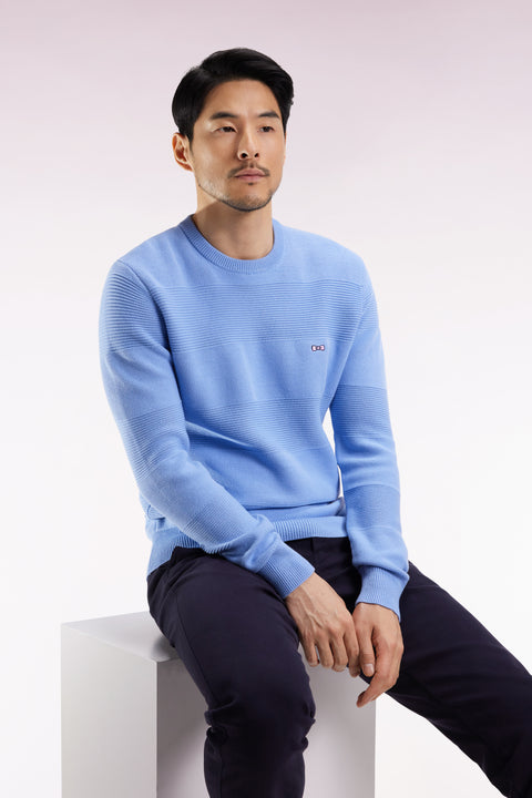 Sky cotton round-neck sweater with stripe effect - Image 1