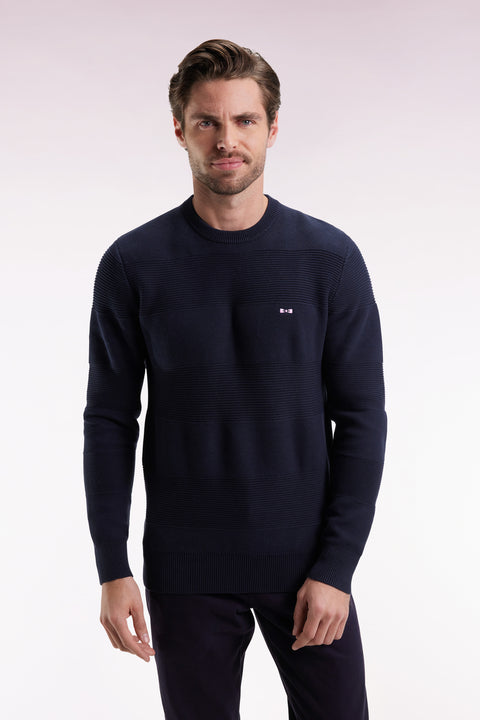Navy cotton round-neck sweater with stripe effect - Image 3
