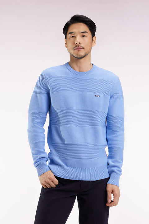 Sky cotton round-neck sweater with stripe effect - Image 3