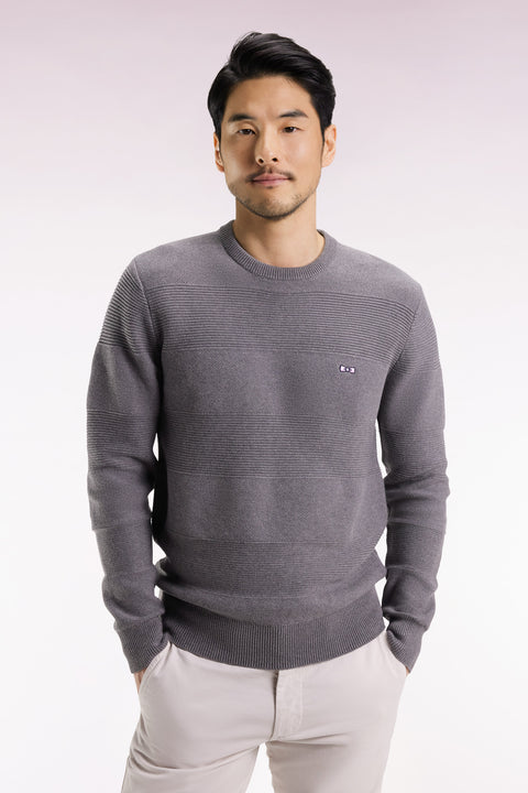 Grey cotton round-neck sweater with stripe effect - Image 3