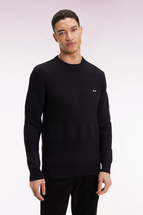Black cotton round-neck sweater with stripe effect - Image 3