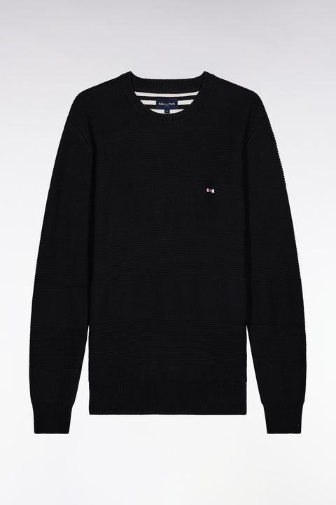Black cotton round-neck sweater with stripe effect - Image 2