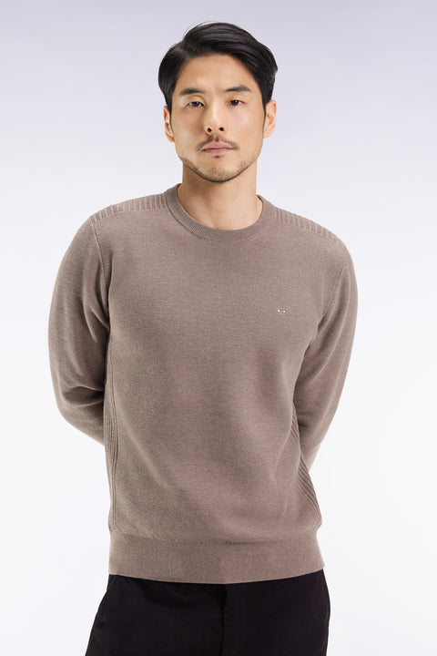 Pull col rond en coton nid d'abeille marron - Image 1