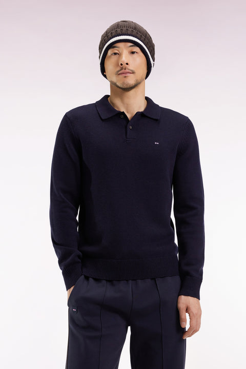 Chunky shirt-neck sweater in navy wool and cotton - Image 3
