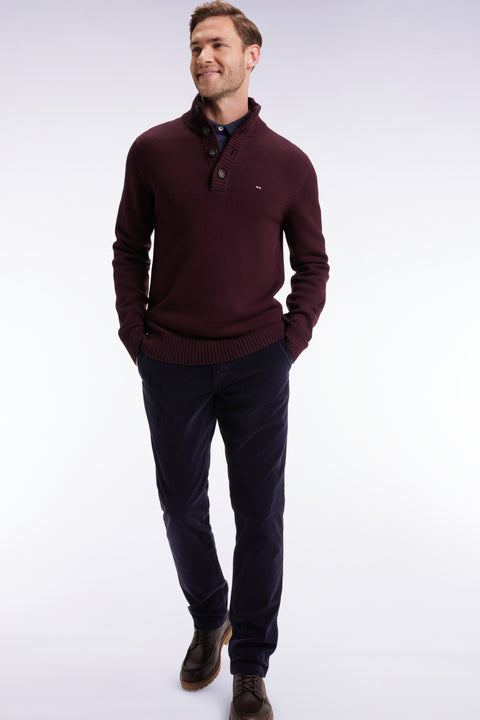 Chunky high-neck sweater in burgundy wool and cotton - Image 1