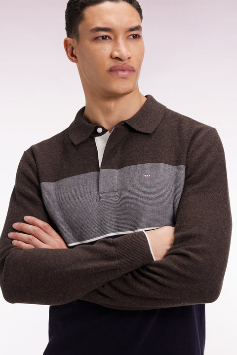 Pull col maillot en laine et coton marine marron et gris - Image 1