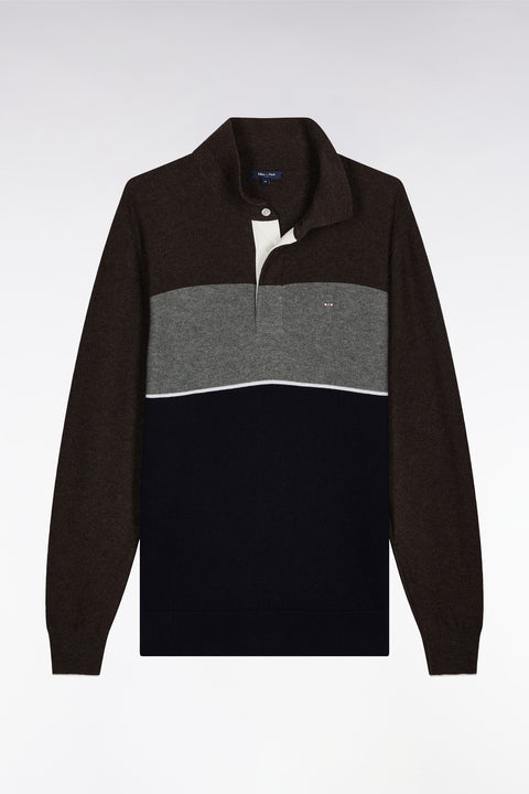 Pull col maillot en laine et coton marine marron et gris - Image 2