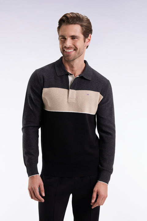Pull col maillot en laine et coton noir gris et beige - Image 3